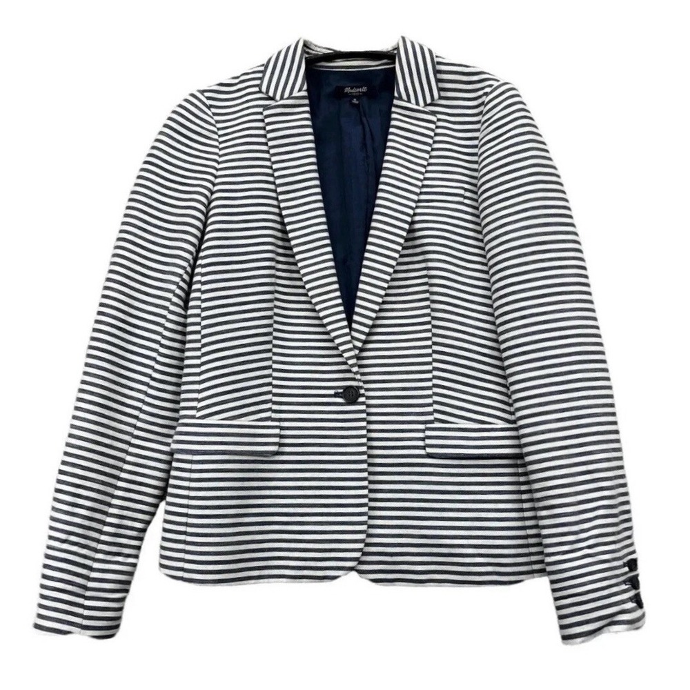 MADEWELL Cotton Linen Blazer Women's Size 0 Blue White Striped Academia Preppy